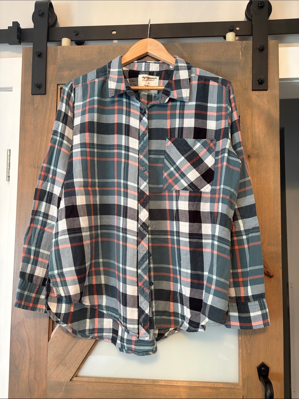 Arizona Jean Co. Teal & Coral Plaid Button-Up Shirt Size XL